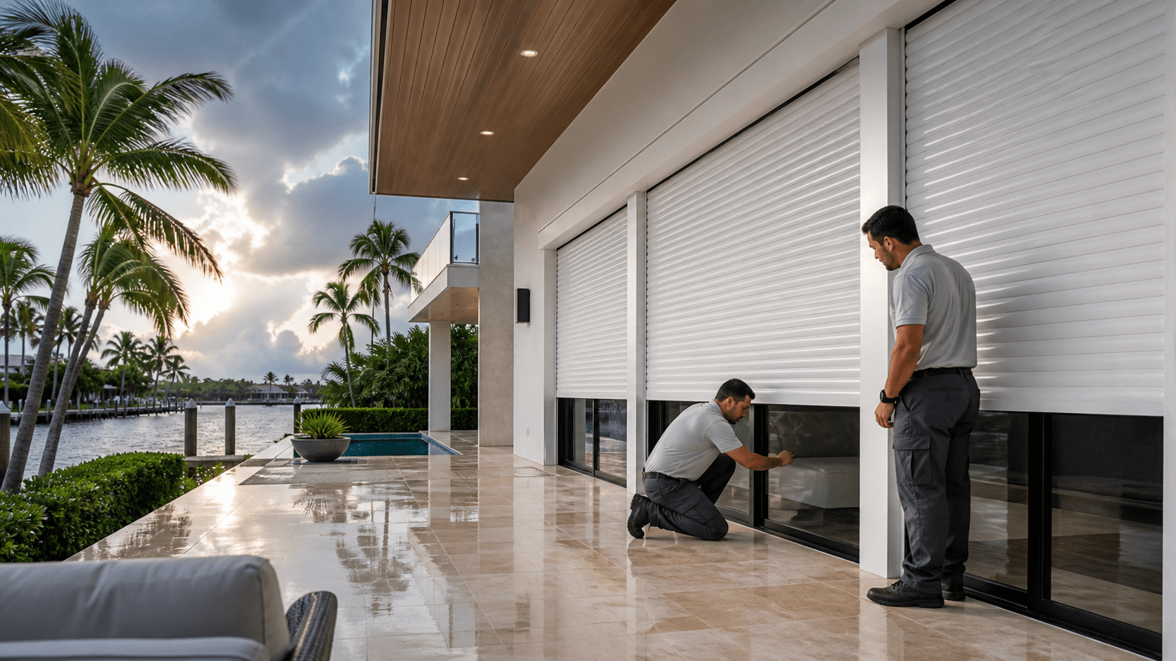 White motorized rolling shutters cover a Miami home’s windows beneath dark storm clouds.