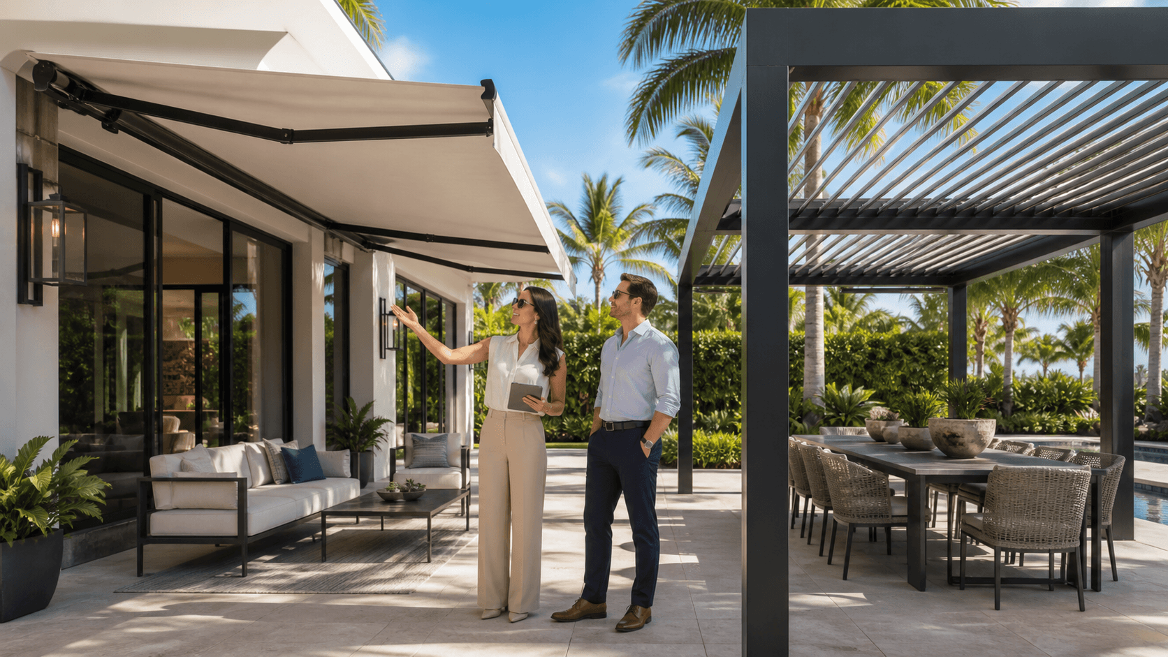 Split patio scene with a striped motorized awning on one side and a white pergola on the other.