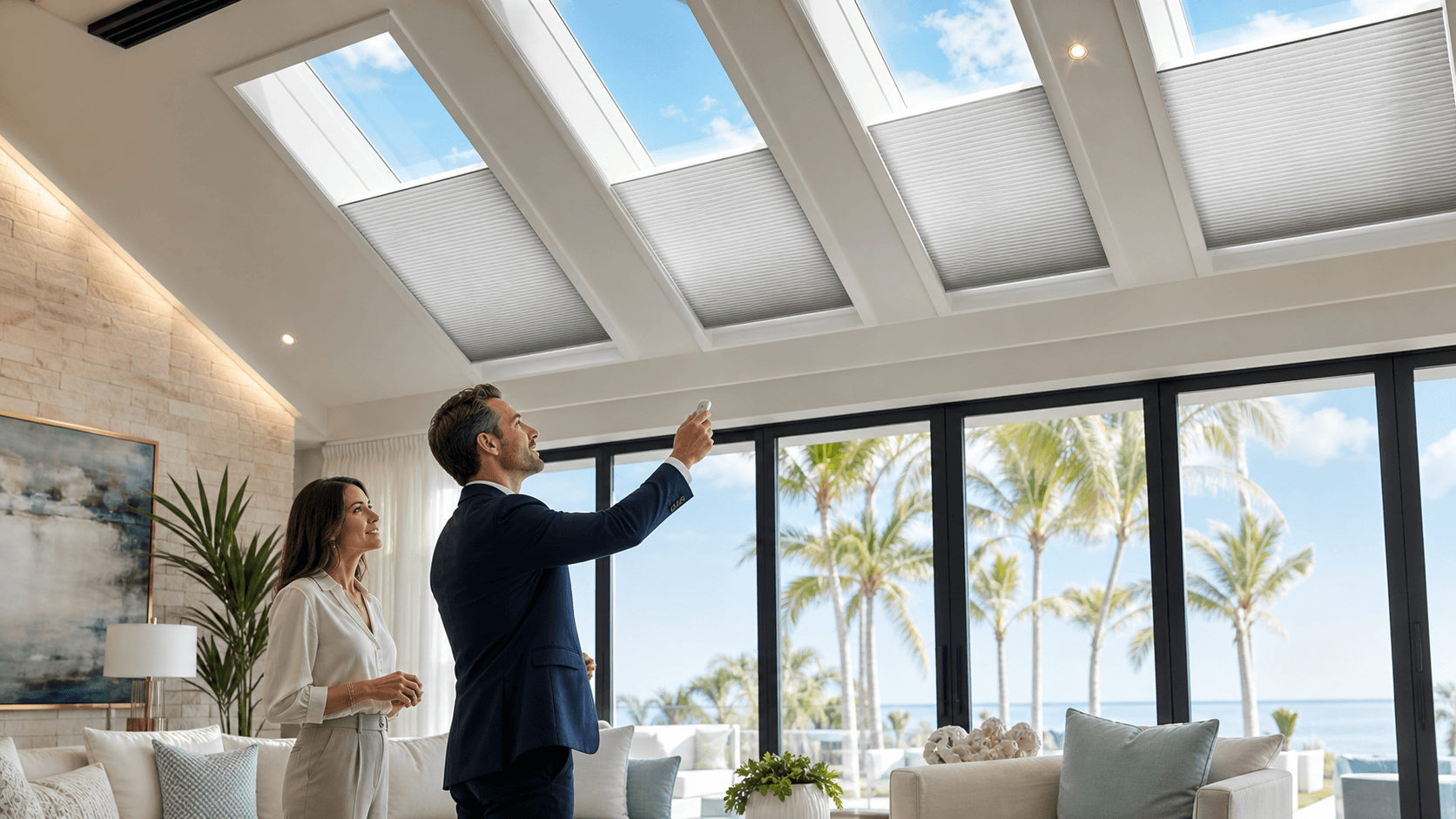 Sunlit modern living room with a skylight covered by sleek motorized shades and tropical greenery outside.