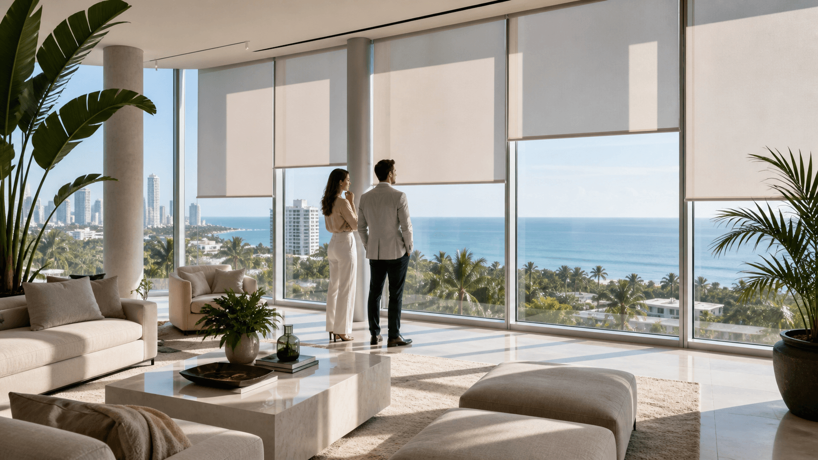 Sunlit Miami living room with floor-to-ceiling windows, sheer shades, palm views, and modern neutral furnishings.